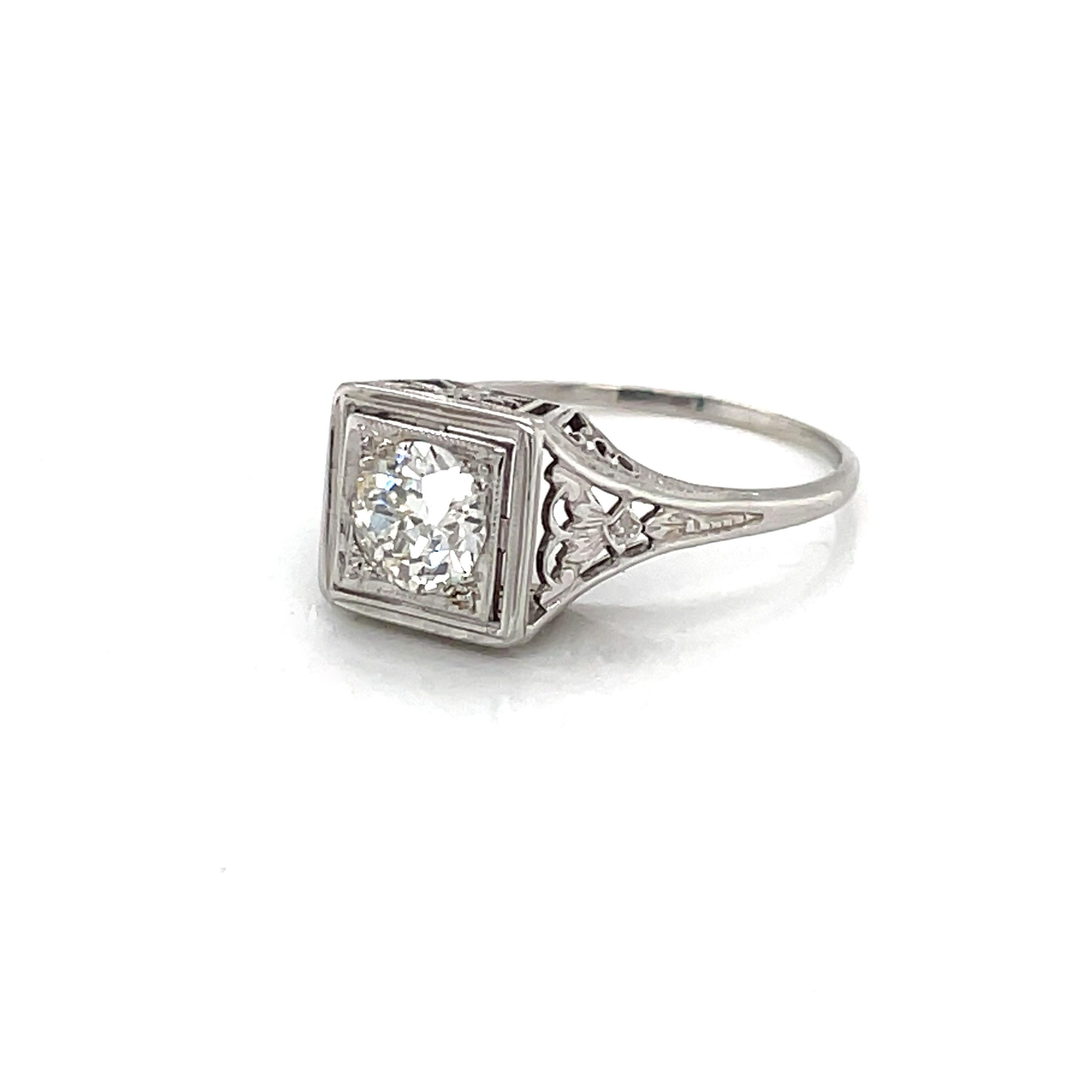 Old Mine Cut Antique .70 Carat Solitaire Miners Cut Diamond 18 Karat White Gold Ring For Sale