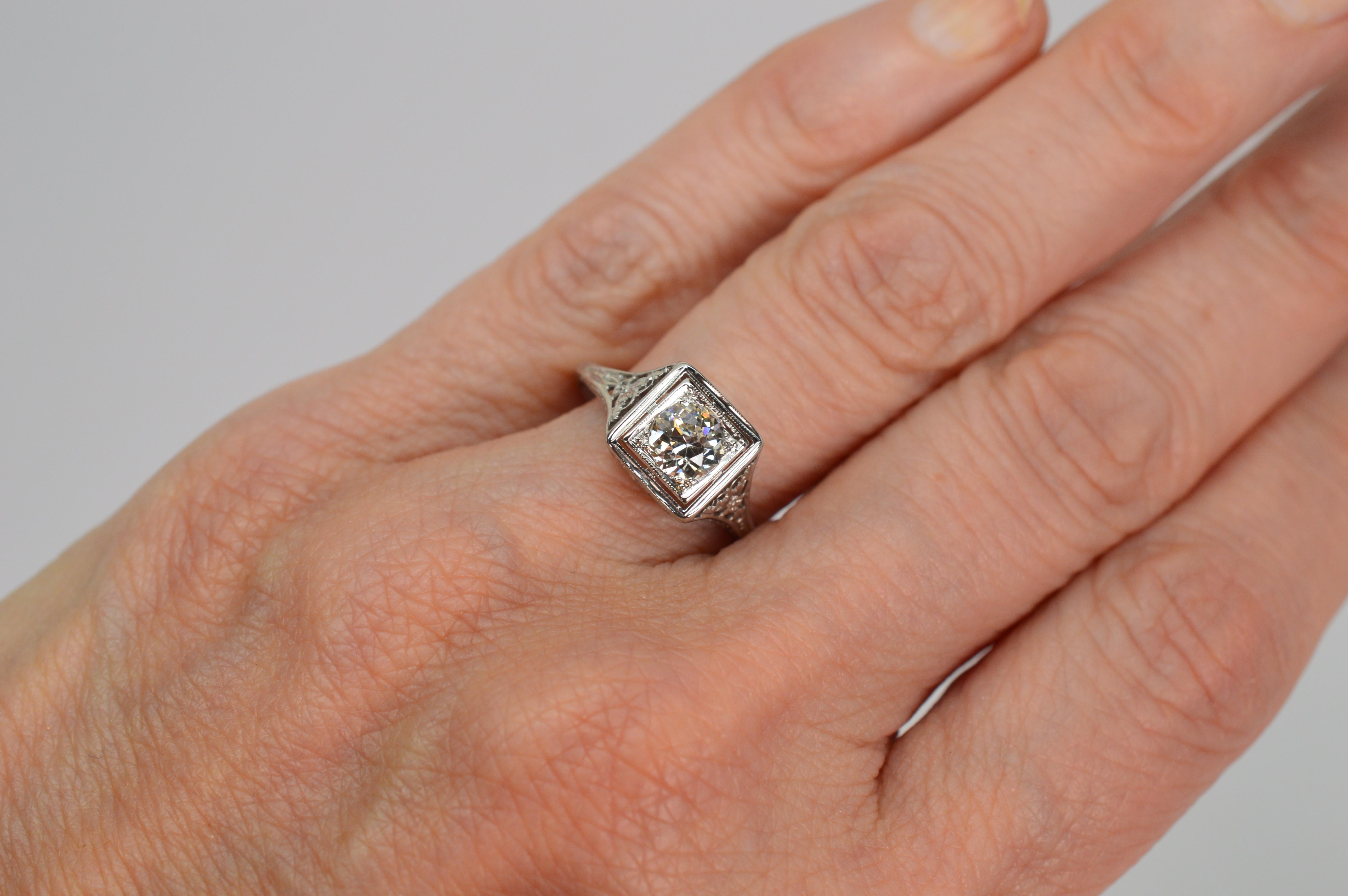 Antique .70 Carat Solitaire Miners Cut Diamond 18 Karat White Gold Ring In Good Condition For Sale In Mount Kisco, NY