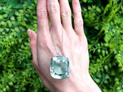 Antique Large 71.50 Carat Cushion Cut Aquamarine Pendant in Platinum