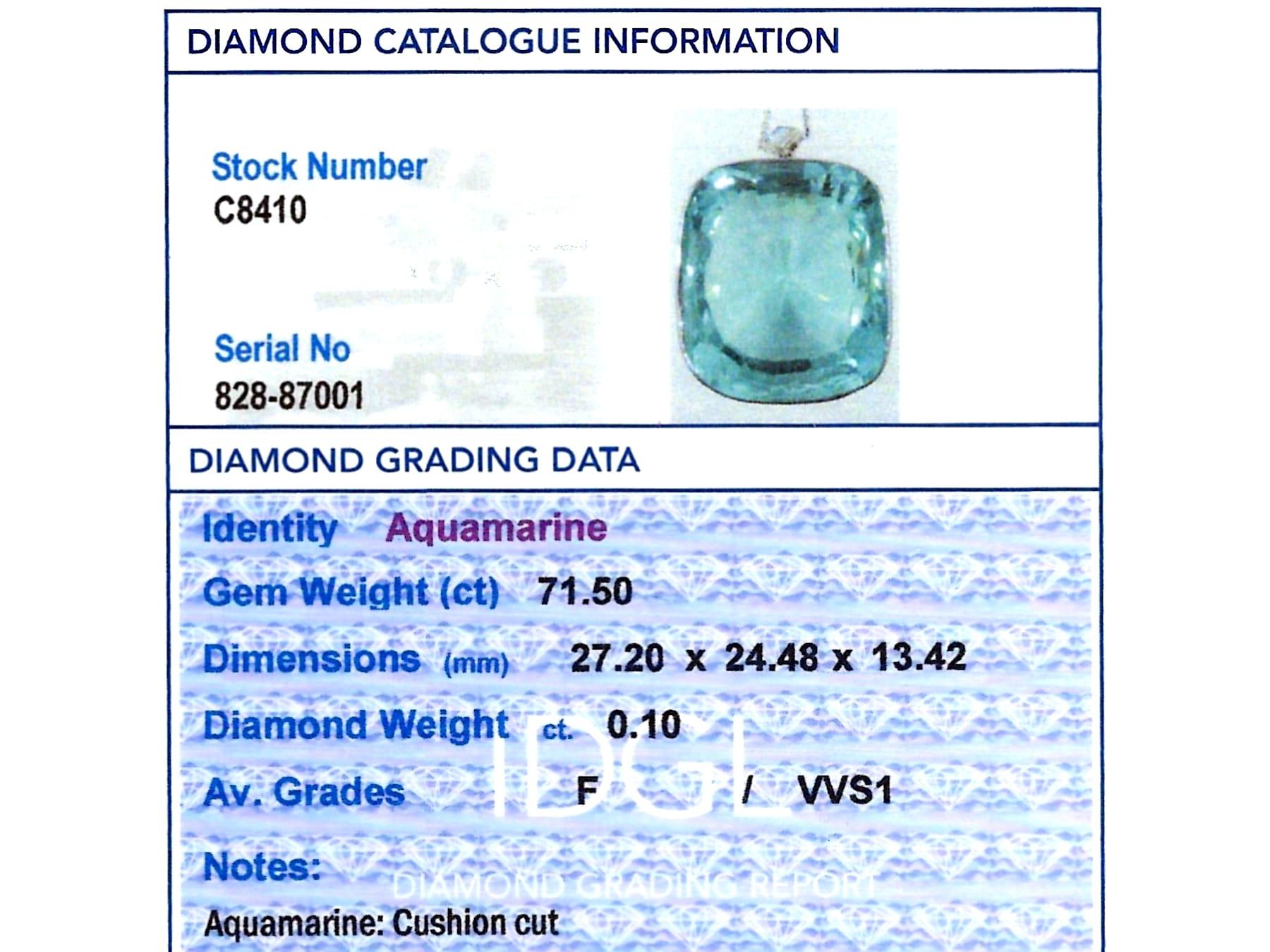 Antique 71.50Ct Aquamarine 0.10Ct Diamond and Platinum Pendant Circa 1925 For Sale 2