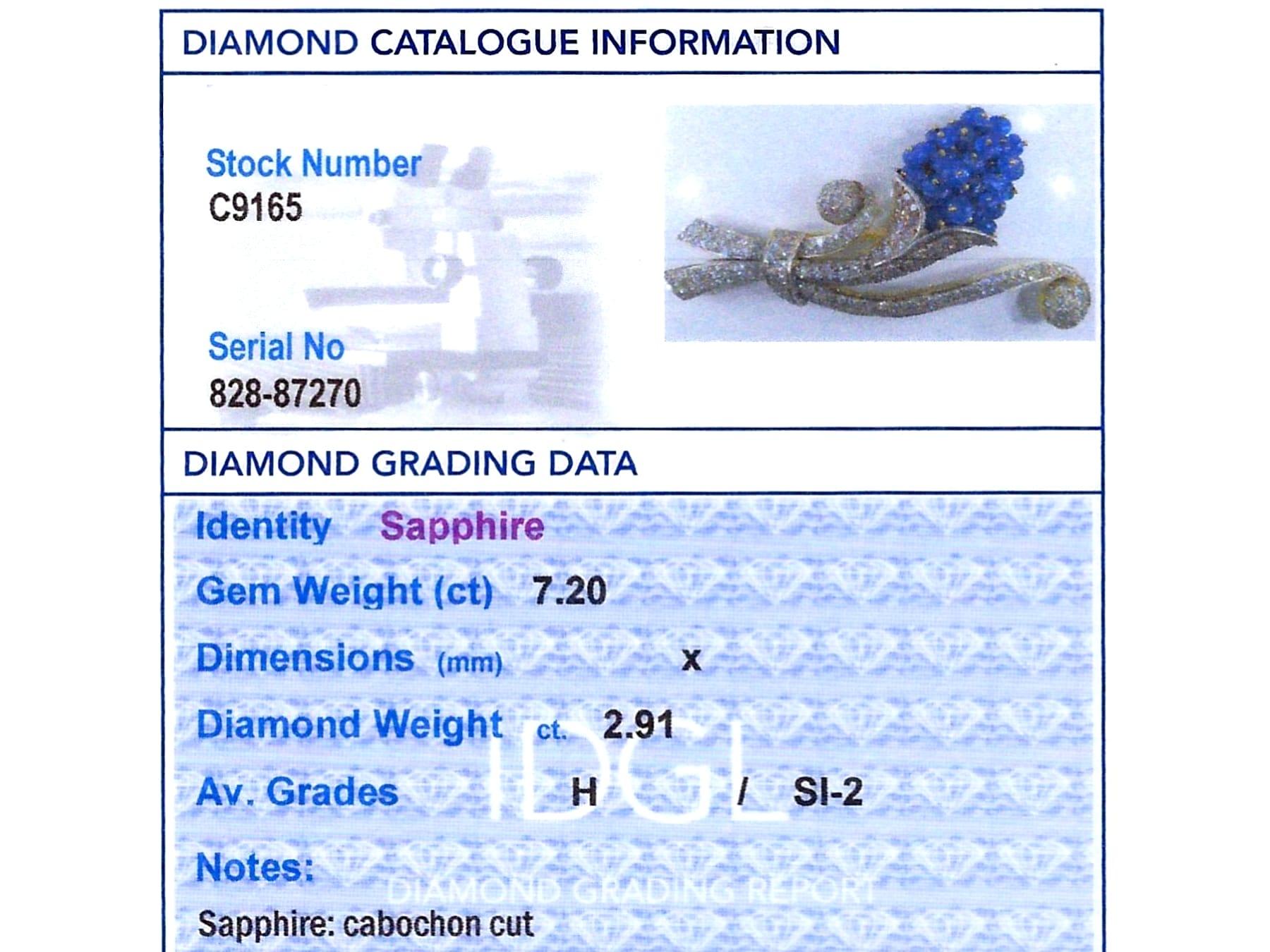 Antique 7.20 Carat Sapphire 2.91 Carat Diamond 15k Yellow Gold Brooch Circa 1920 For Sale 6