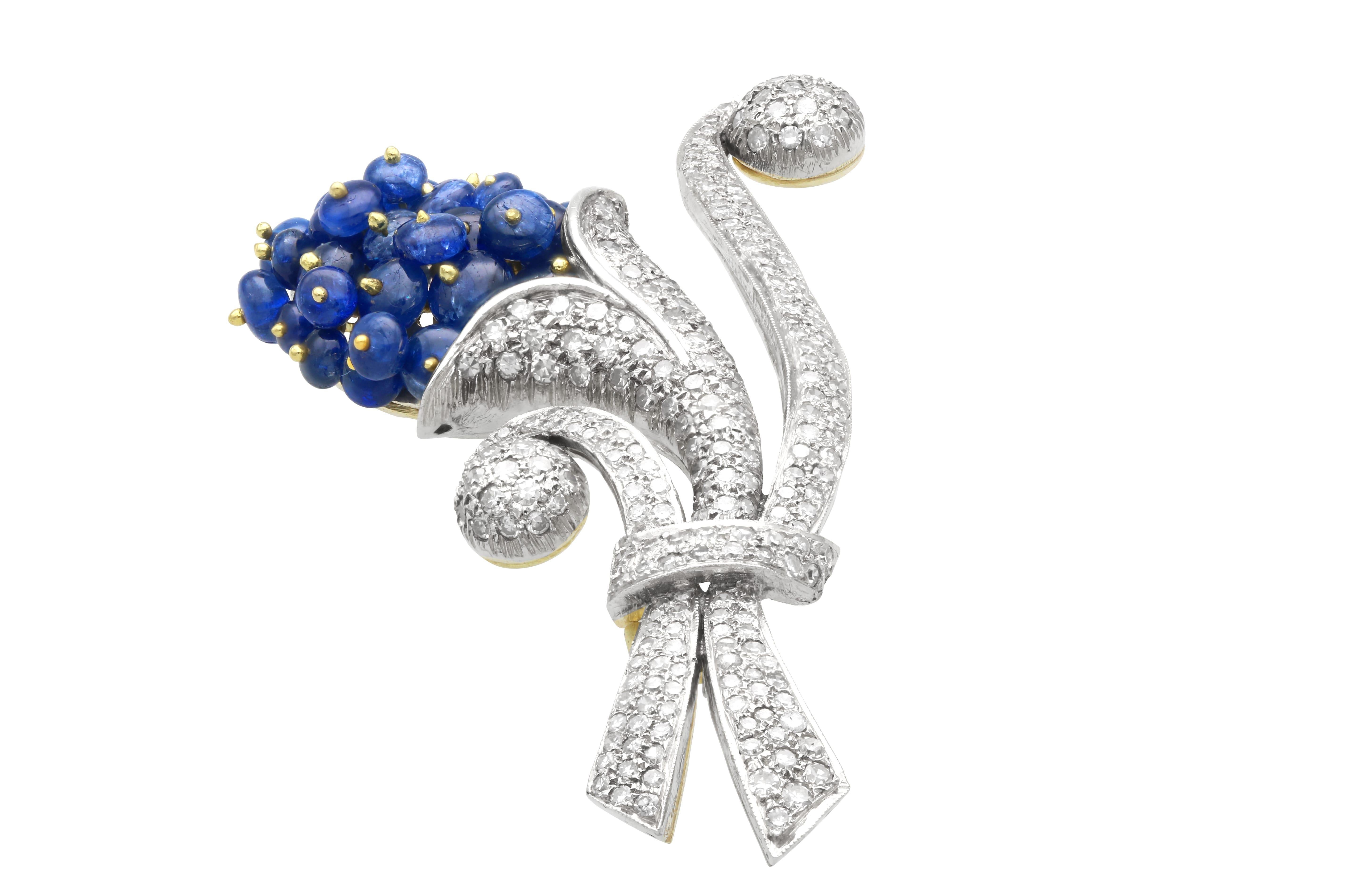Antique 7.20 Carat Sapphire 2.91 Carat Diamond 15k Yellow Gold Brooch Circa 1920 For Sale 1