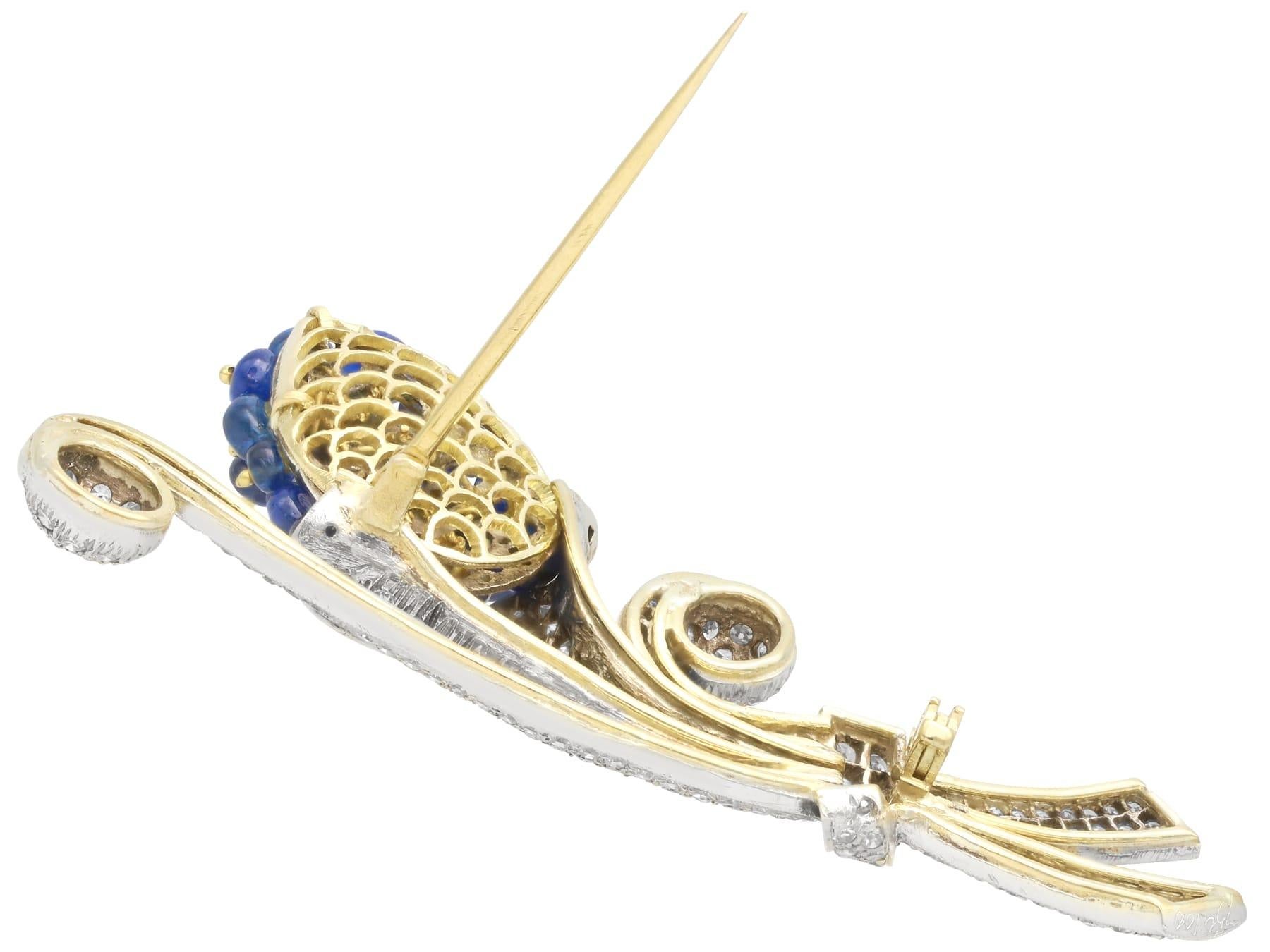 Antique 7.20 Carat Sapphire 2.91 Carat Diamond 15k Yellow Gold Brooch Circa 1920 For Sale 4