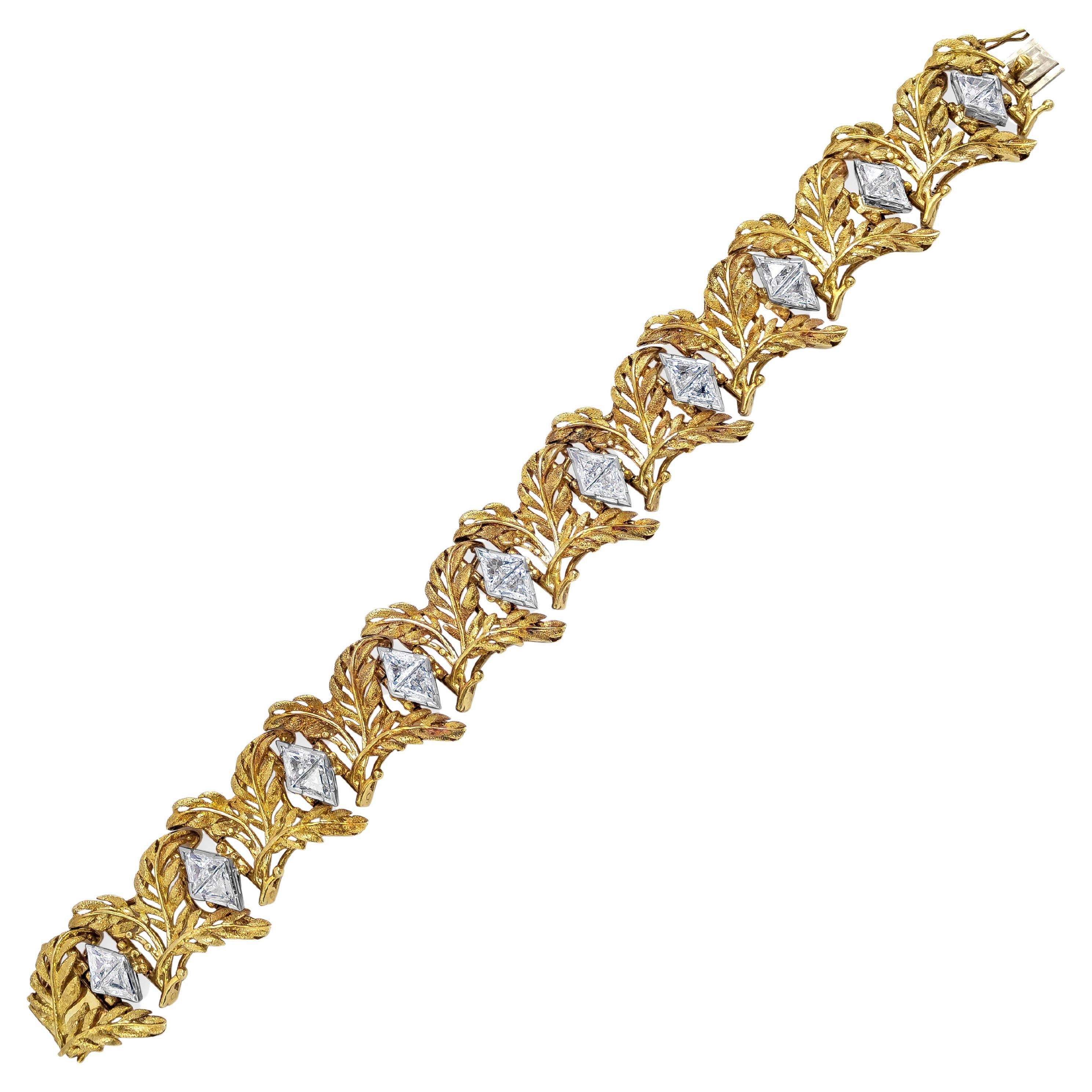 Bracciale con foglie d'oro e diamanti taglio trilione da 7,40 carati totali in oro giallo