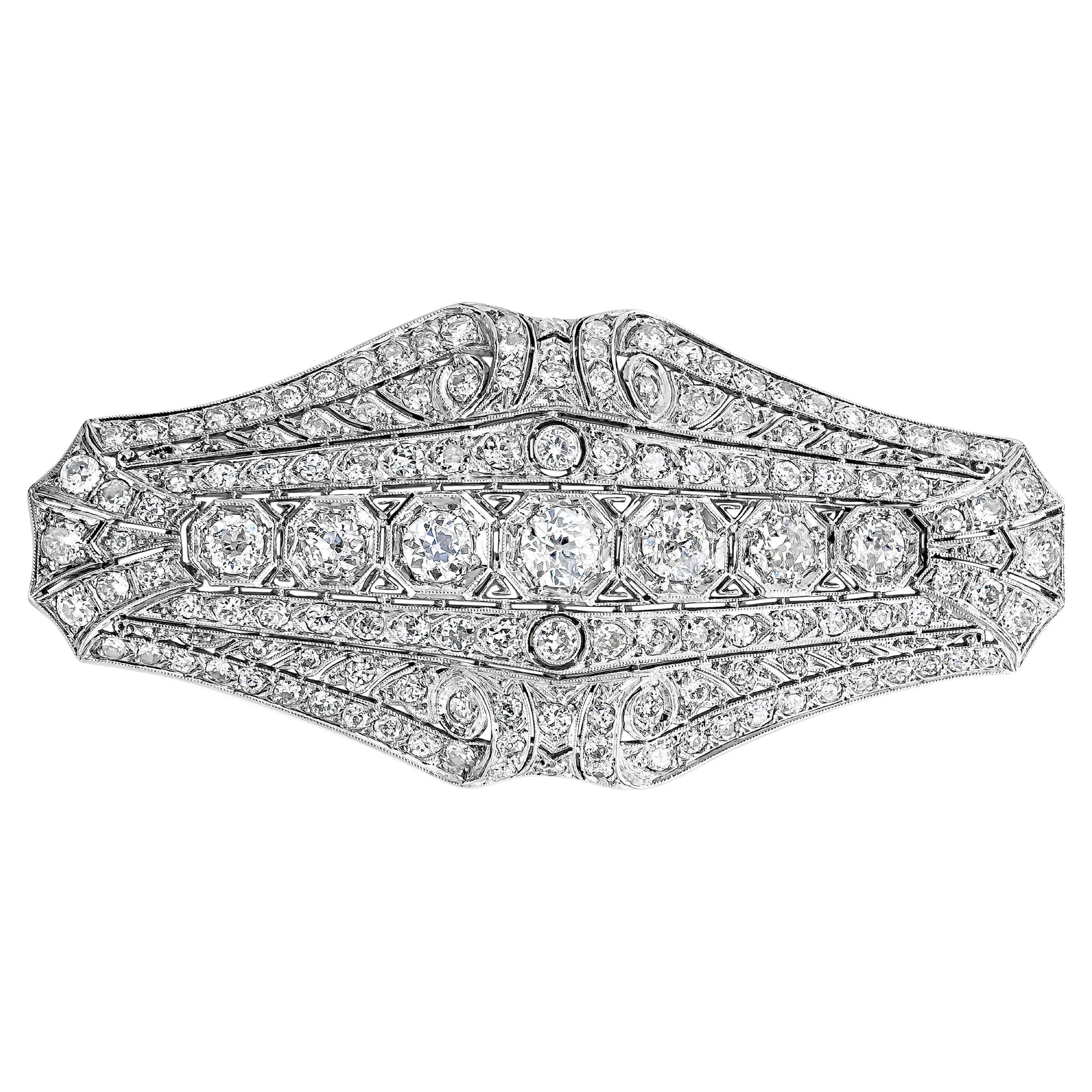 Broche pendentif ancienne en platine avec diamants taille ronde brillants de 7,48 carats au total
