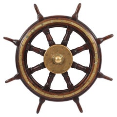 Antique Oak and Brass Set 8-Spoke Ships Wheel 19th Century