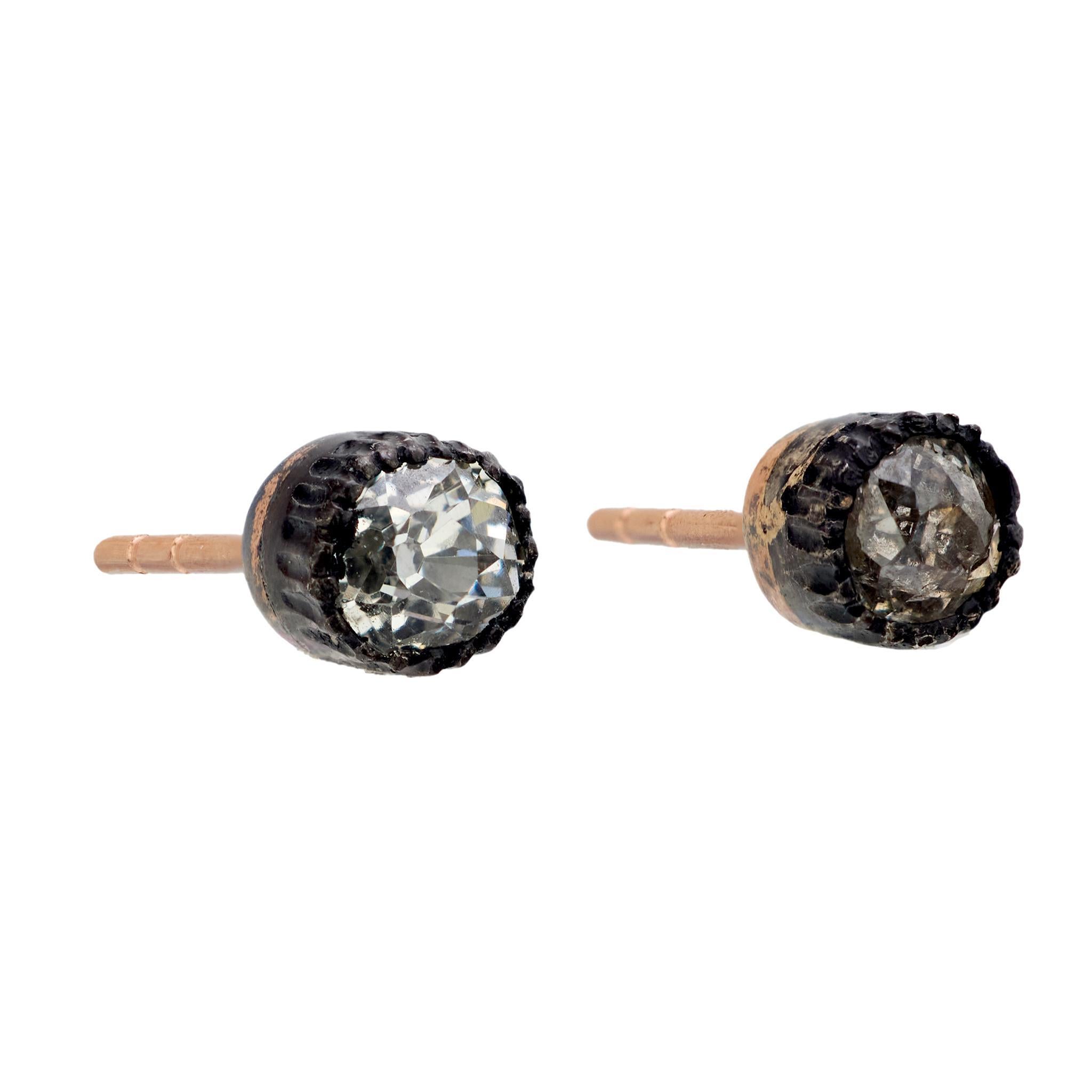 Victorian Antique .75 carat diamond 14k rose gold and silver stud earrings For Sale