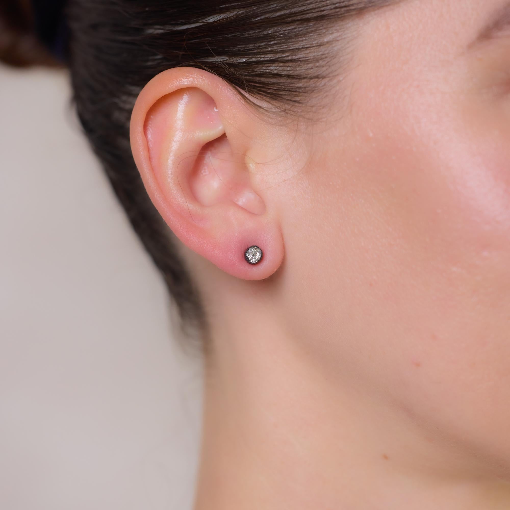 Old European Cut Antique .75 carat diamond 14k rose gold and silver stud earrings For Sale
