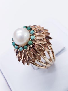 Antique Pearl and Turquoise Sunflower Design Cocktail Ring