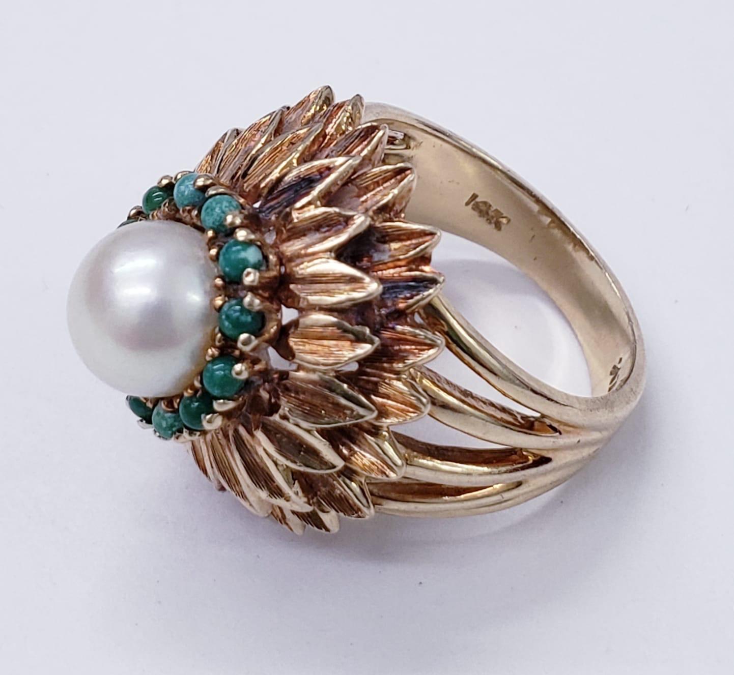 Arts and Crafts Antique Pearl and Turquoise Sunflower Design Cocktail Ring For Sale