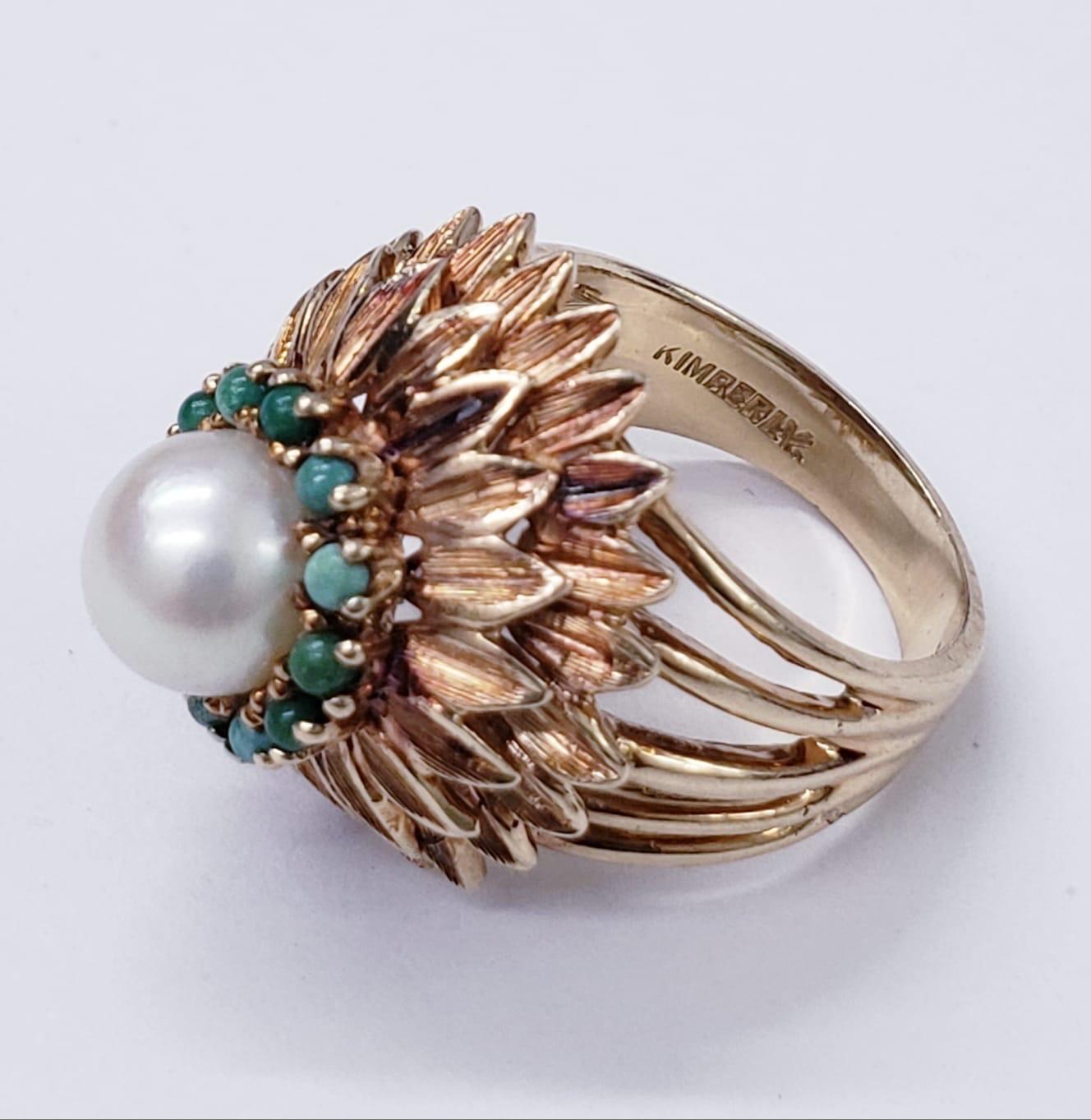 Antique Pearl and Turquoise Sunflower Design Cocktail Ring In Good Condition For Sale In Miami, FL