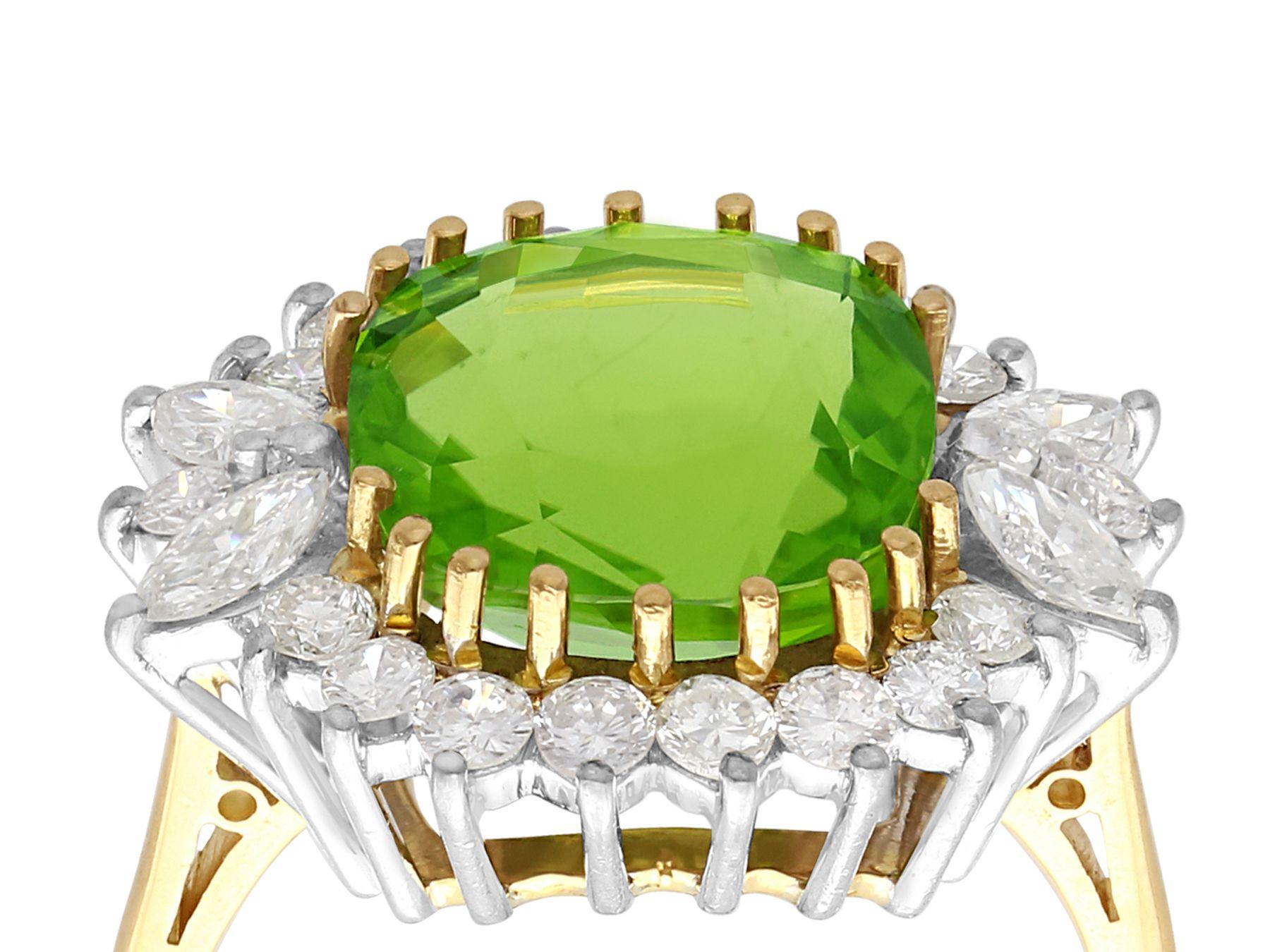 A stunning antique 7.80 carat peridot and 1.36 carat diamond, 18 karat yellow gold and white gold set dress ring; part of our diverse antique jewelry collections.

This stunning, fine and impressive antique ring has been crafted in 18k yellow gold