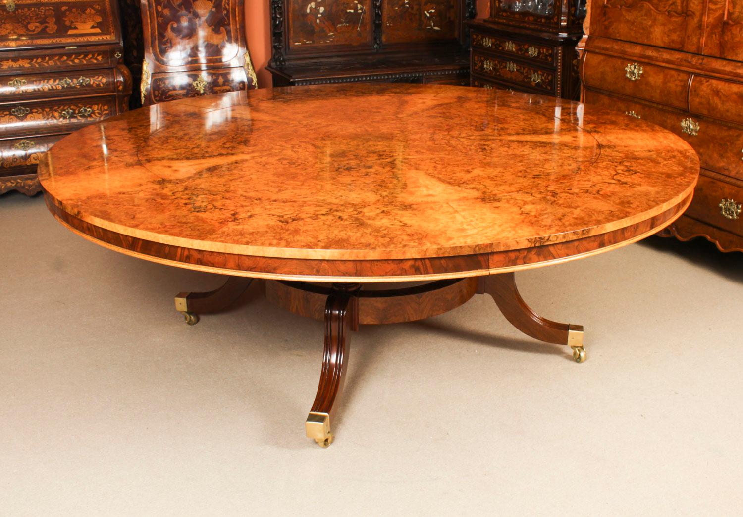 Regency Revival Antique 7ft diam Burr Walnut Jupe Dining Table C1900 & 10 chairs