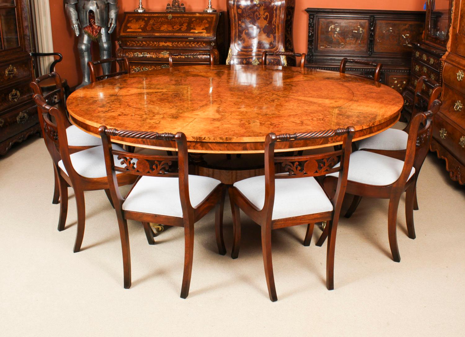 Antique 7ft diam Burr Walnut Jupe Dining Table C1900 & 10 chairs In Good Condition In London, GB