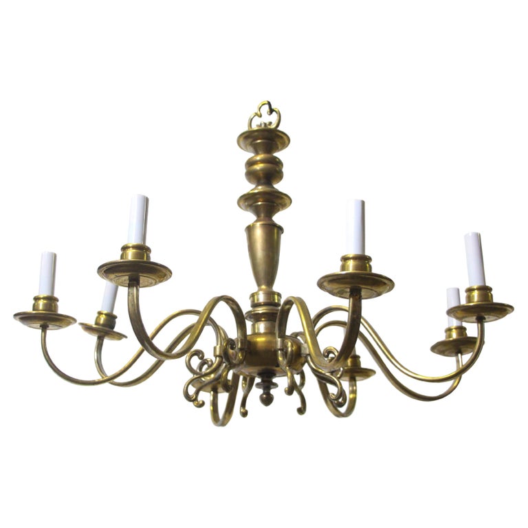 Antique 8 Arm Brass Colonial Style Chandelier For Sale at 1stDibs