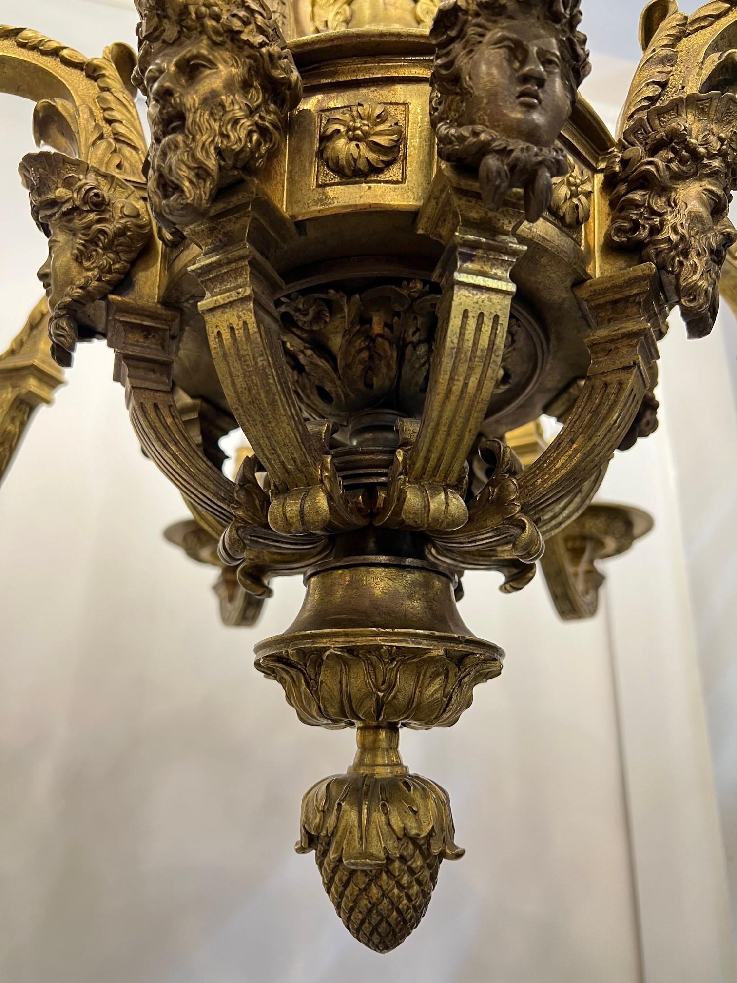 Antique 8 Arm Bronze 19th Cent. French Chandelier with Bacchus & Female Faces   For Sale 6