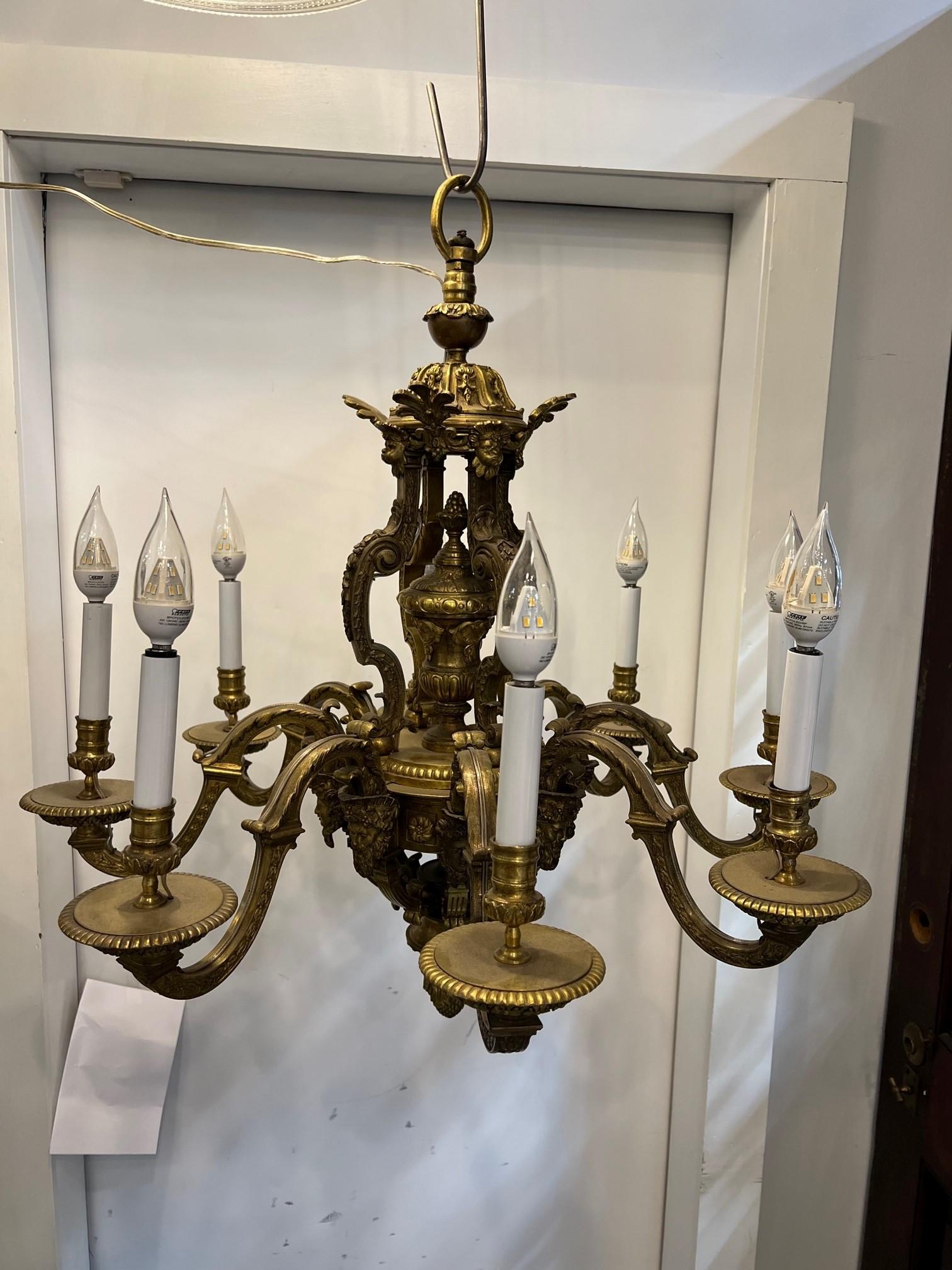 Antique 8 Arm Bronze 19th Cent. French Chandelier with Bacchus & Female Faces   For Sale 12
