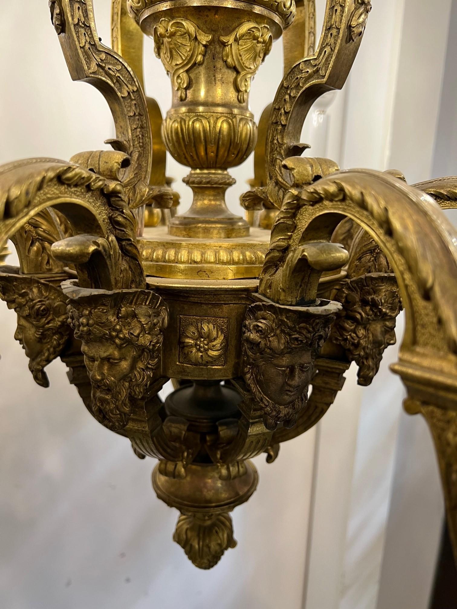 19th Century Antique 8 Arm Bronze 19th Cent. French Chandelier with Bacchus & Female Faces   For Sale