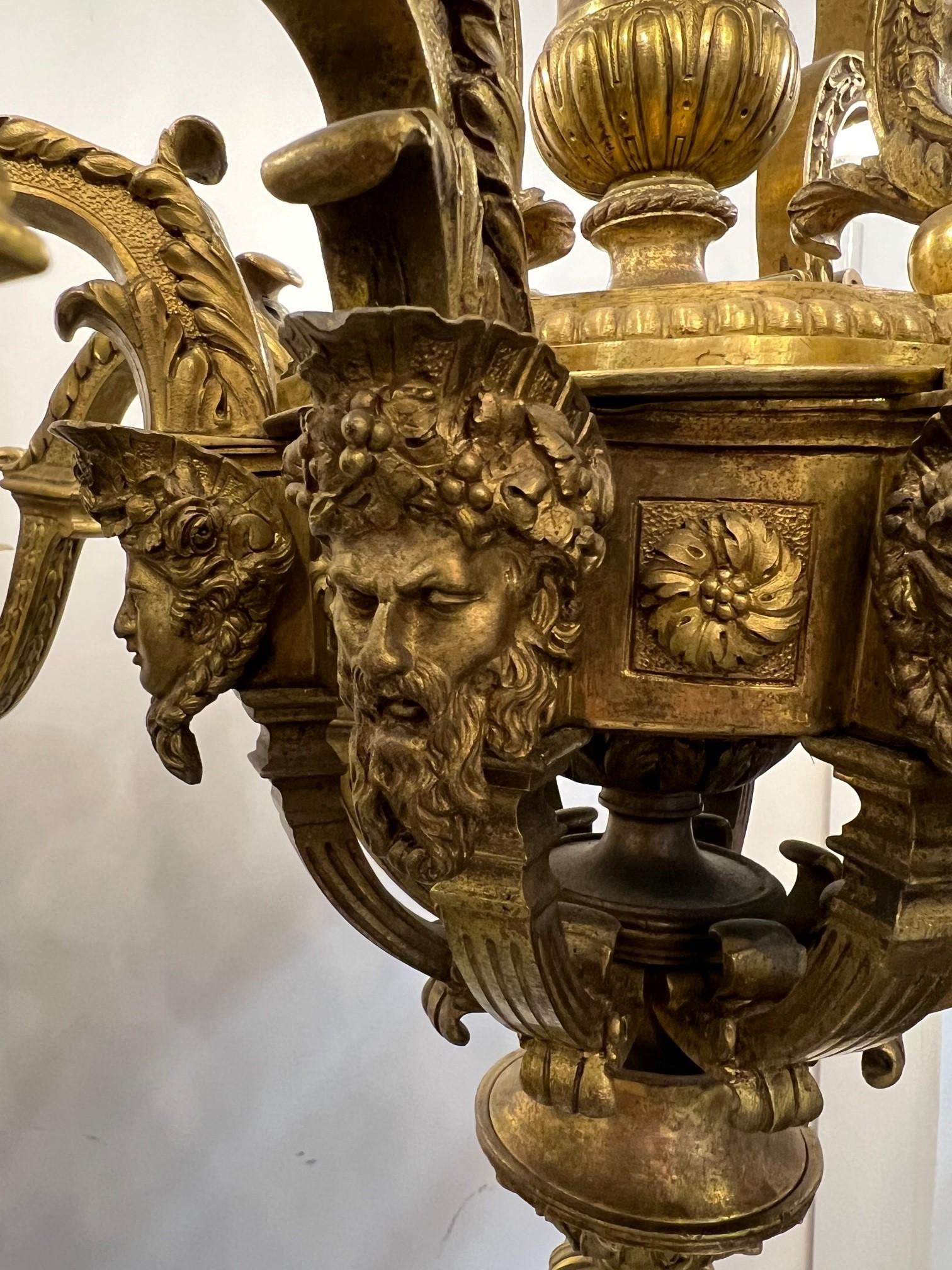 Antique 8 Arm Bronze 19th Cent. French Chandelier with Bacchus & Female Faces   For Sale 2