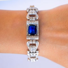 Antique 8 Carat Blue Sapphire Bracelet with 12 Carat of Diamonds, 1930s