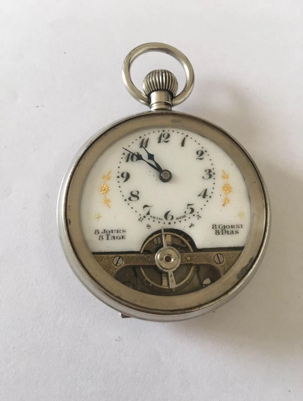 Antique 8 Day Swiss Made Hebdomas Nickel Pocket Watch For Sale 3