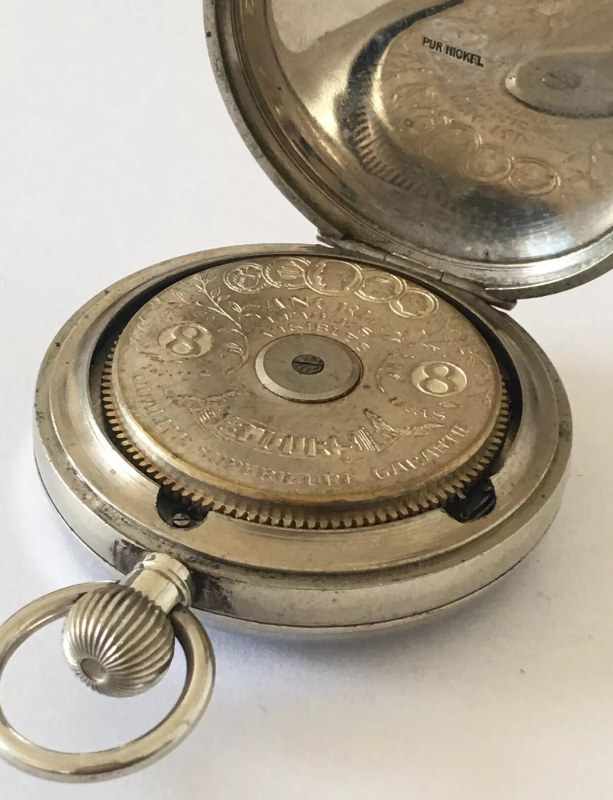 Antique 8 Day Swiss Made Hebdomas Nickel Pocket Watch For Sale 5