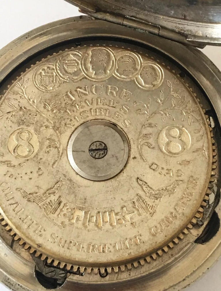 Antique 8 Day Swiss Made Hebdomas Nickel Pocket Watch For Sale at