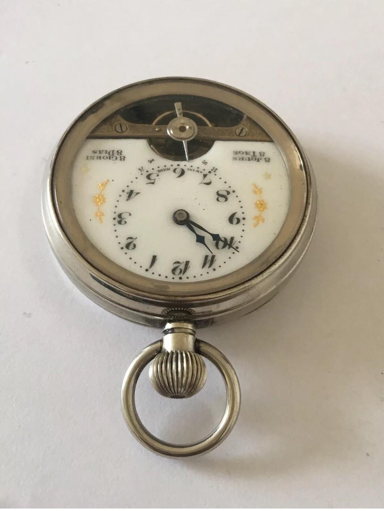 Antique 8 Day Swiss Made Hebdomas Nickel Pocket Watch For Sale 2