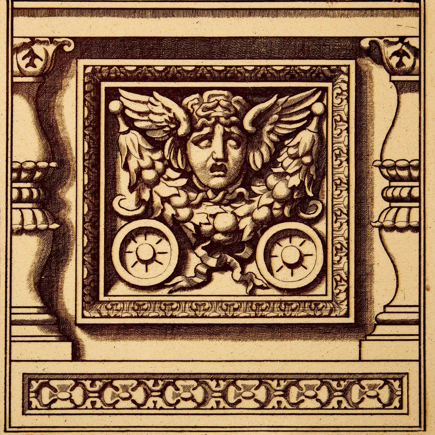 An antique 8-inch decorative neoclassical tile by Minton (stamped), one of two similar we are selling in matching sepia tones.

This large, glazed, dust-pressed tile depicts a highly detailed neoclassical scene with a winged medusa style grotesque