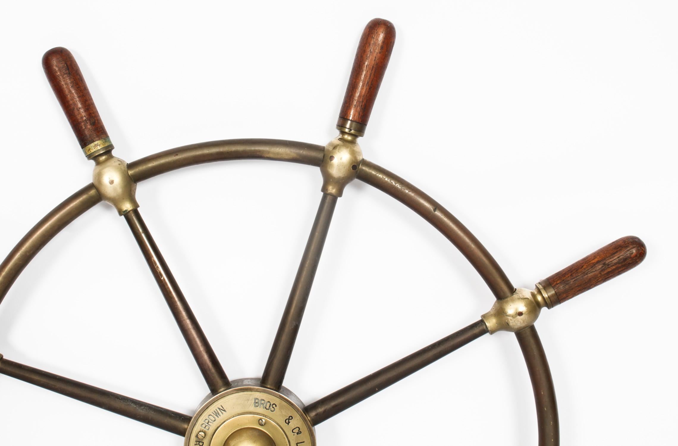 Early 20th Century Antique 8-Spoke Brass & Walnut Ships Wheel Brown Bros Edinburgh 20th C