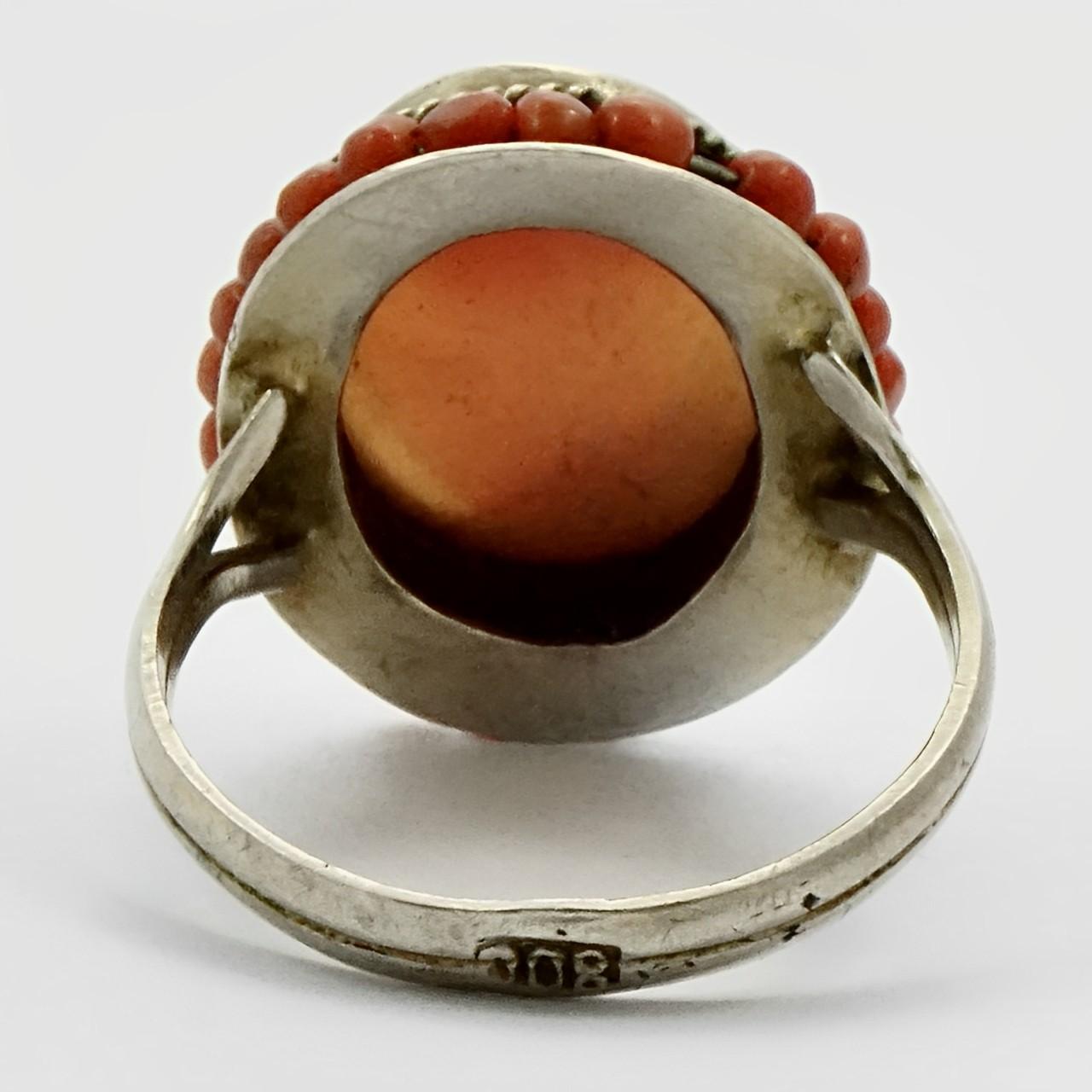 Women's or Men's Antique 800 Silver and Shell Cameo Ring with Coral Bead Surround  For Sale