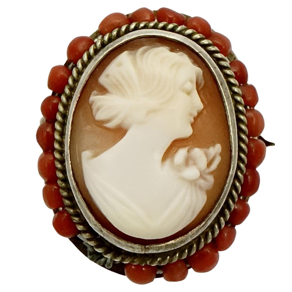 Antique 800 Silver and Shell Cameo Ring with Coral Bead Surround  For Sale