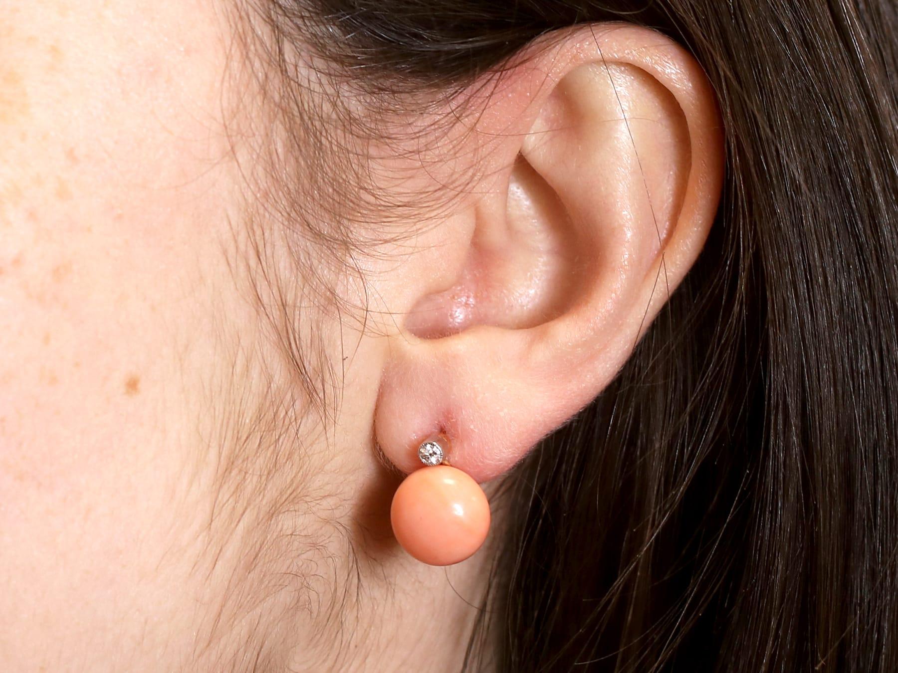 Antique 8.20 Carat Coral 0.13 Carat Diamond 18k Yellow Gold Earrings Circa 1935 For Sale 5