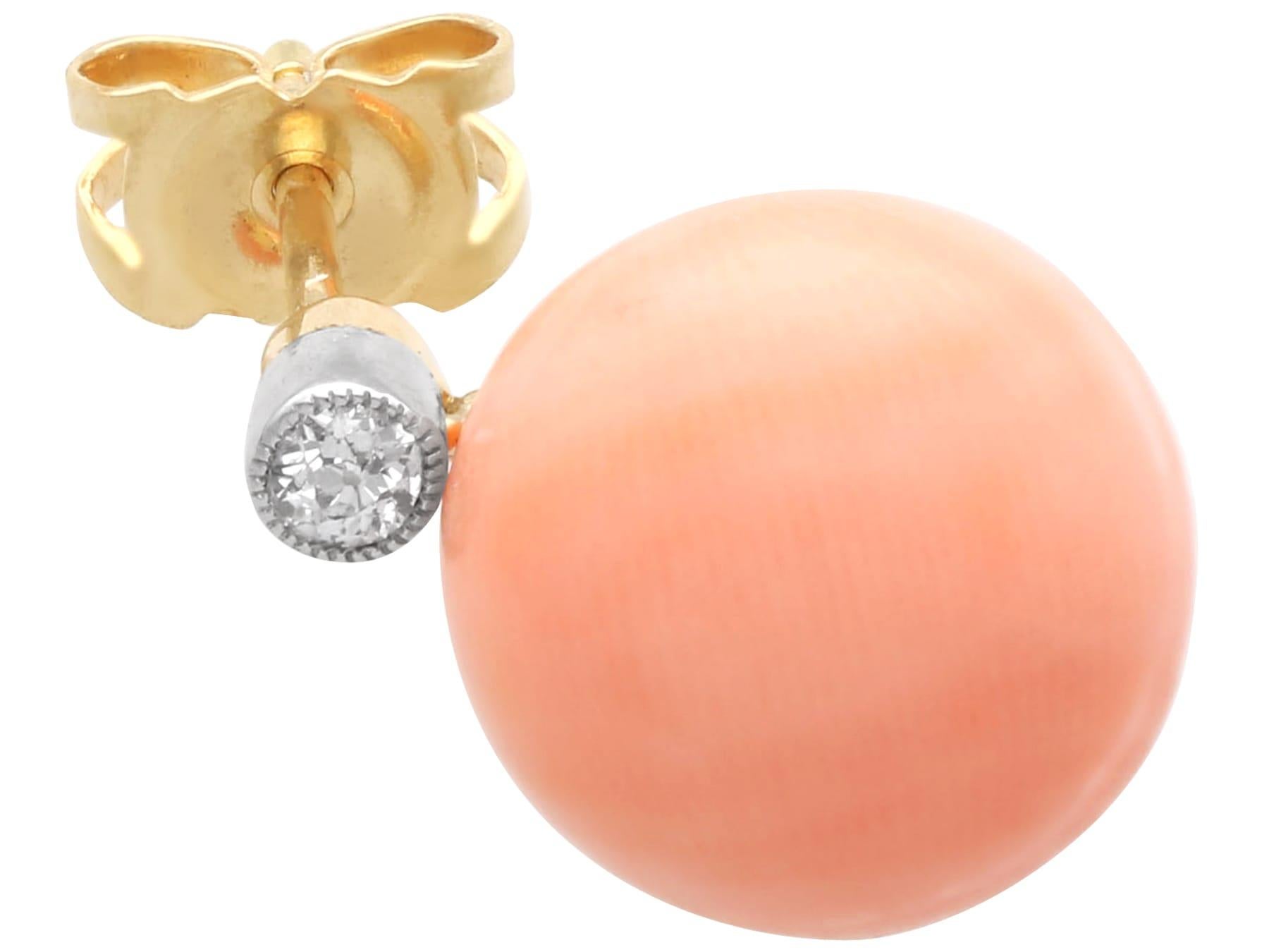 Women's or Men's Antique 8.20 Carat Coral 0.13 Carat Diamond 18k Yellow Gold Earrings Circa 1935 For Sale