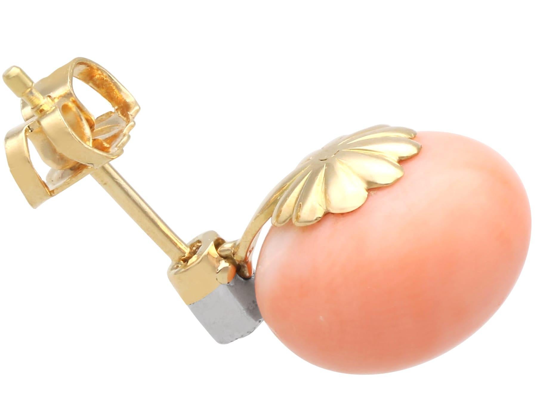 Antique 8.20 Carat Coral 0.13 Carat Diamond 18k Yellow Gold Earrings Circa 1935 For Sale 1