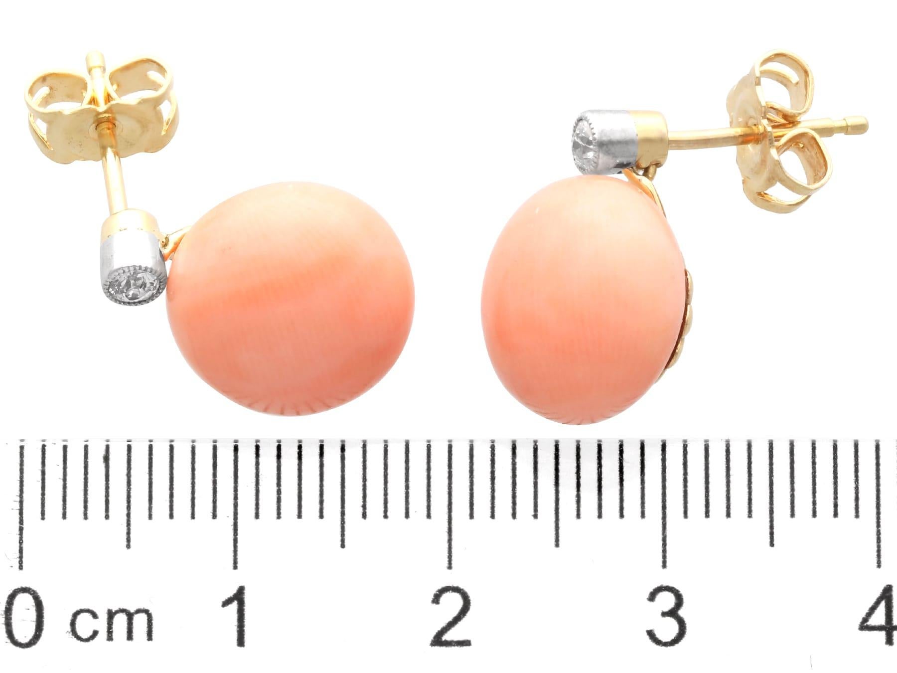 Antique 8.20 Carat Coral 0.13 Carat Diamond 18k Yellow Gold Earrings Circa 1935 For Sale 3