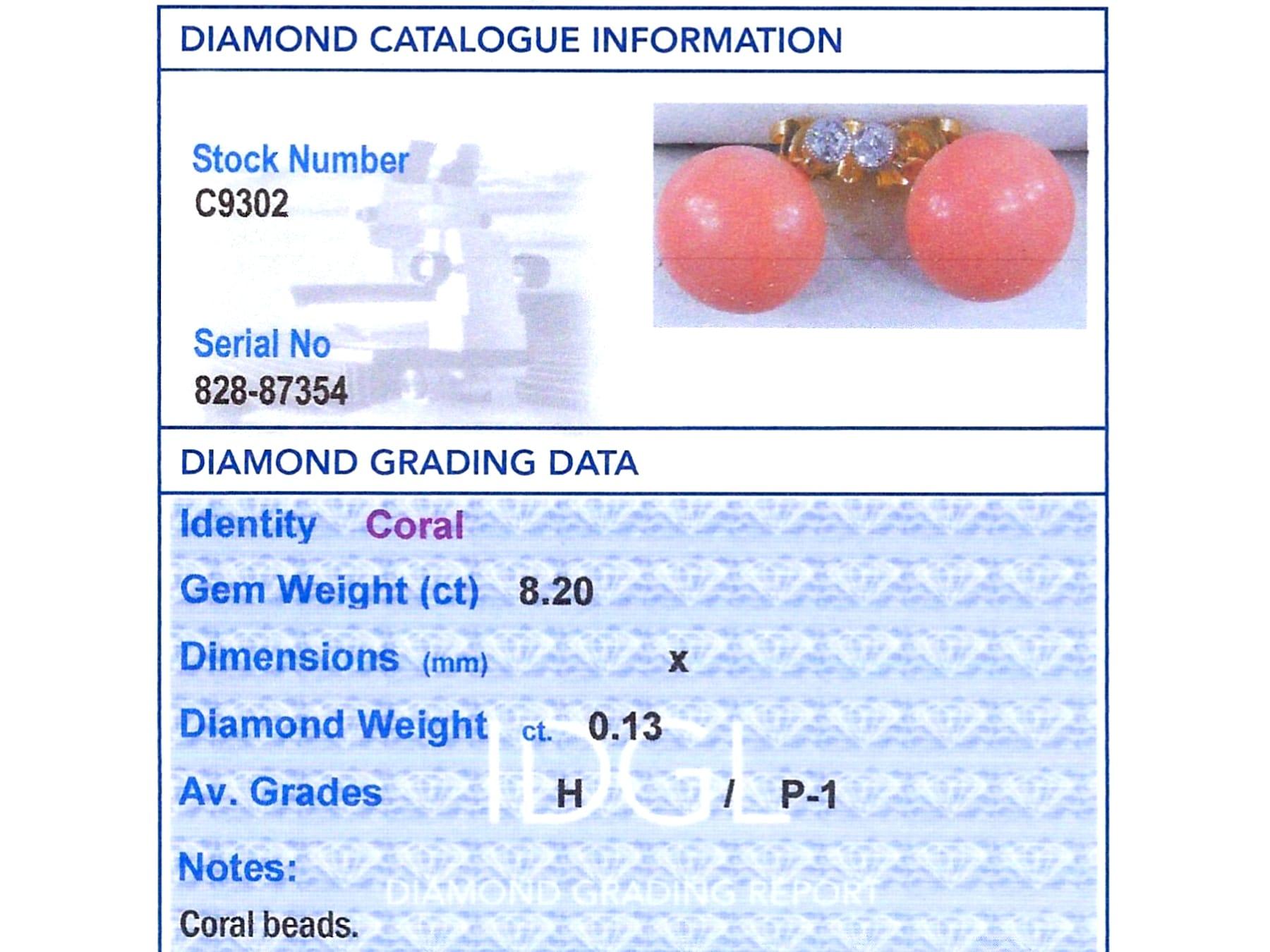 Antique 8.20 Carat Coral 0.13 Carat Diamond 18k Yellow Gold Earrings Circa 1935 For Sale 4