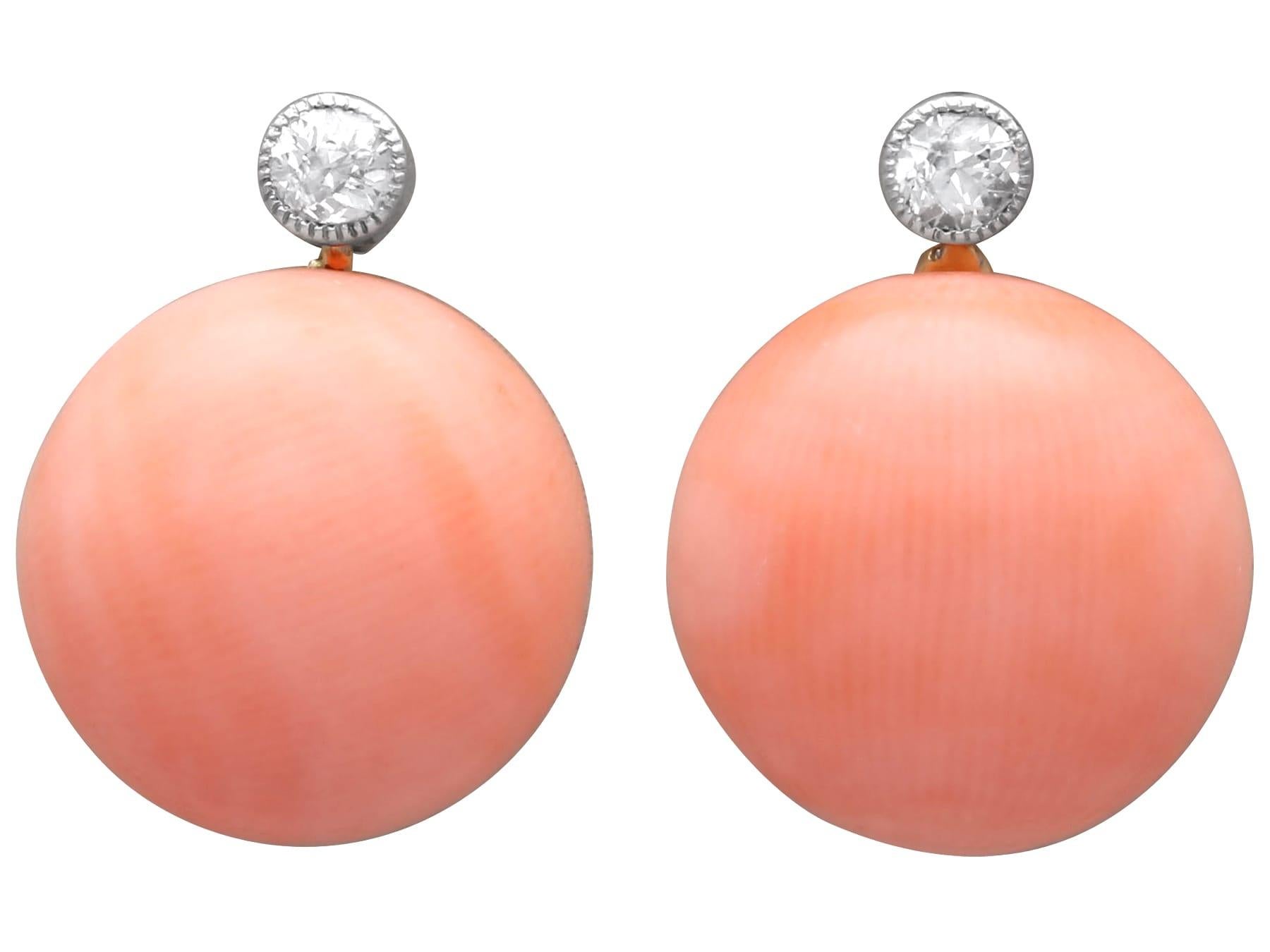 Antique 8.20 Carat Coral 0.13 Carat Diamond 18k Yellow Gold Earrings Circa 1935 For Sale