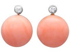 Antique 8.20 Carat Coral 0.13 Carat Diamond 18k Yellow Gold Earrings Circa 1935