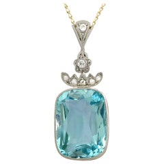 Antique 8.25 Carat Aquamarine and Diamond, Yellow Gold Pendant