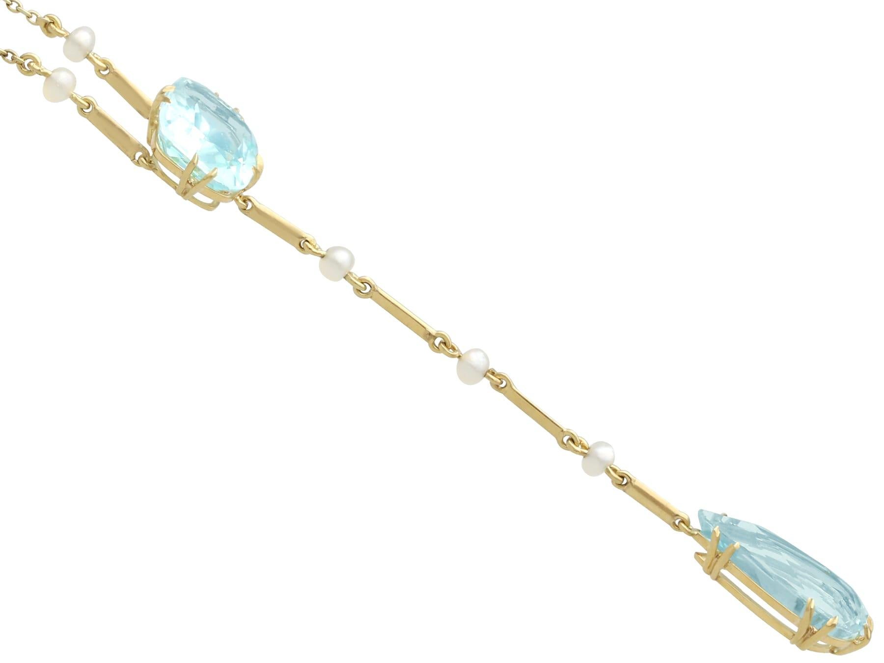 Pear Cut Antique 8.33 Carat Aquamarine and Seed Pearl 15 Carat Yellow Gold Necklace