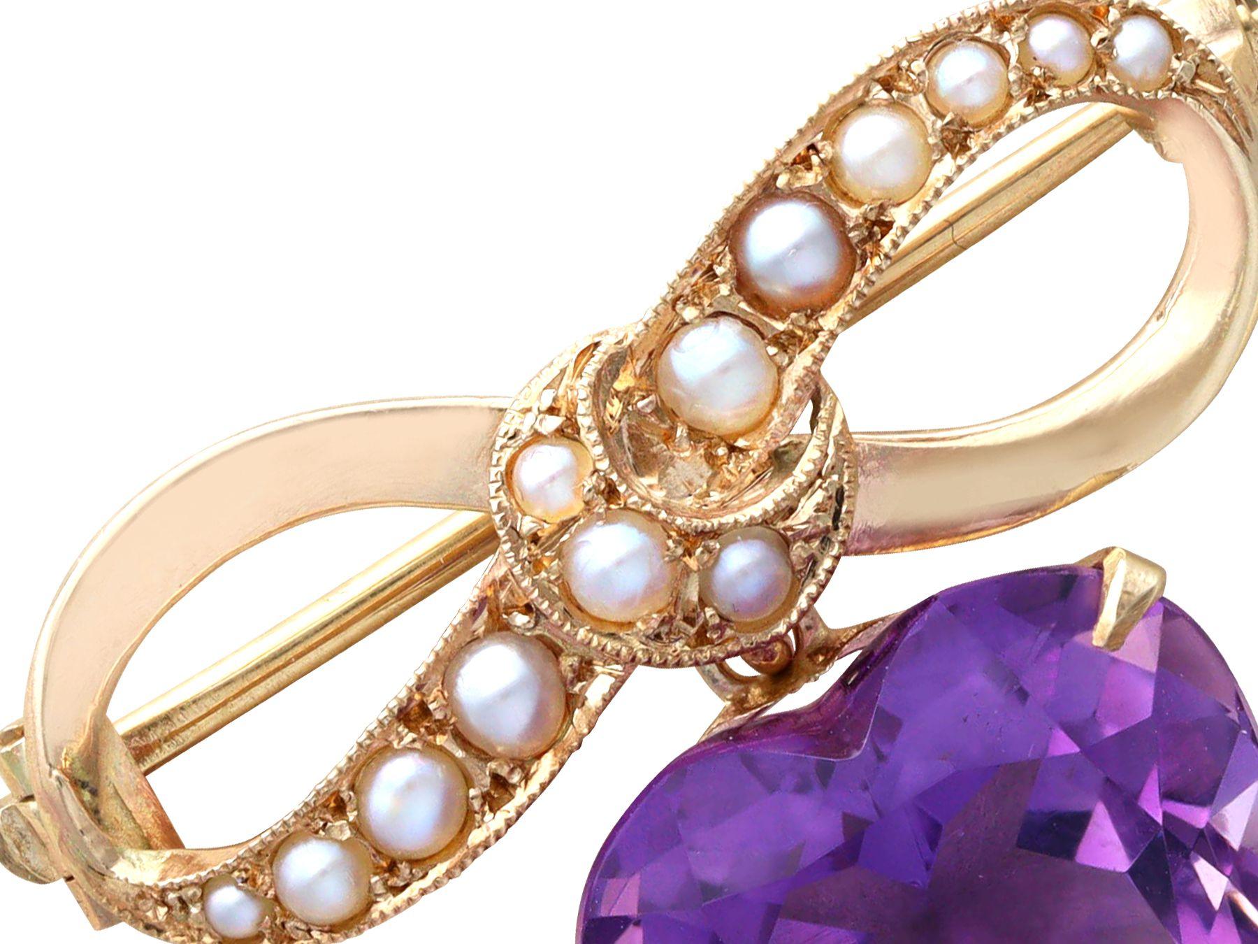A fine and impressive 8.50 carat amethyst and seed pearl, 9 carat yellow gold lapel brooch; part of our diverse vintage jewelry and estate jewelry collections. 

This fine and impressive antique brooch has been crafted in 9ct yellow gold.

The