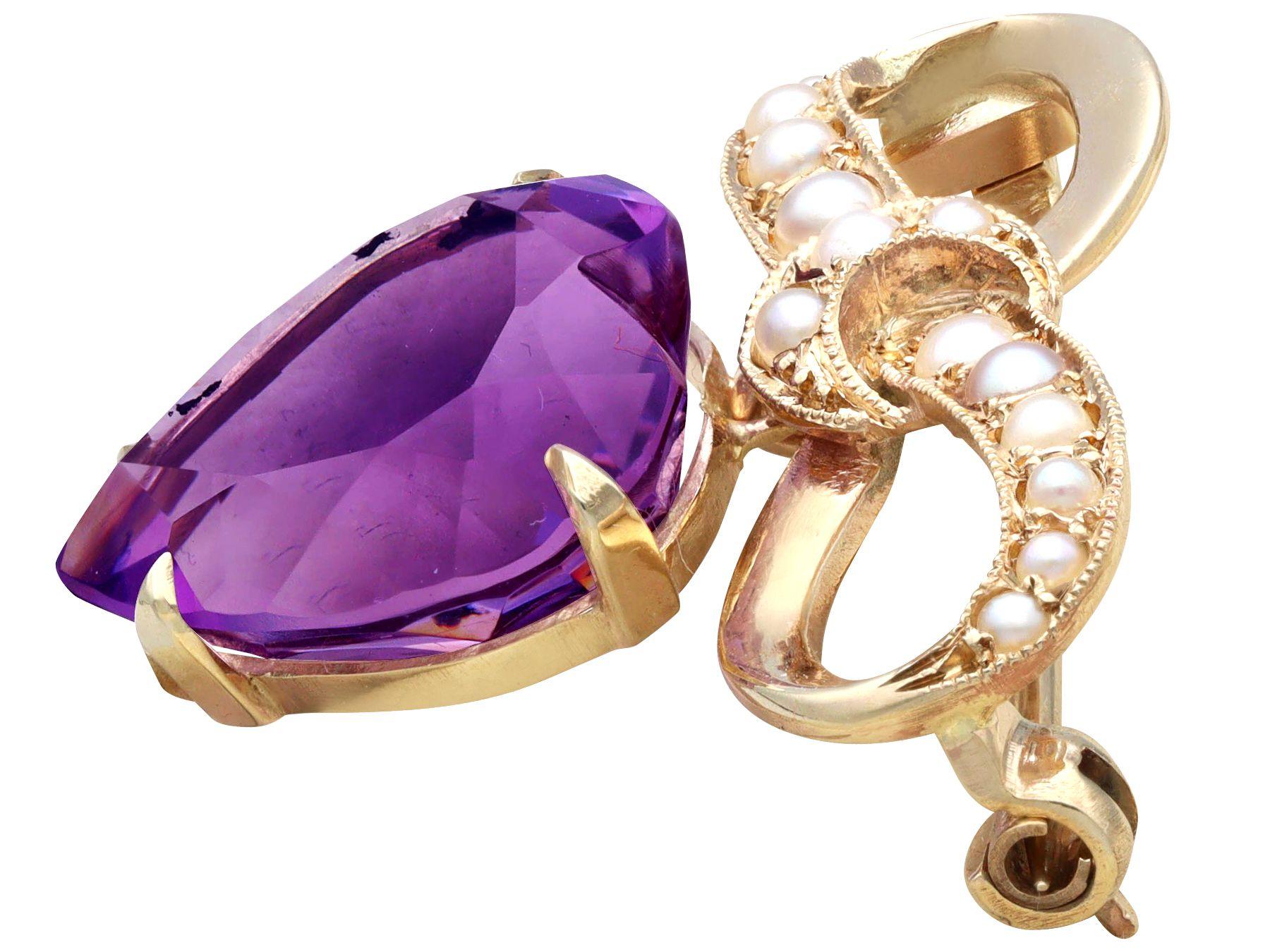 Victorian Antique 8.50 Carat Amethyst and Pearl 9 Carat Yellow Gold Lapel Brooch For Sale