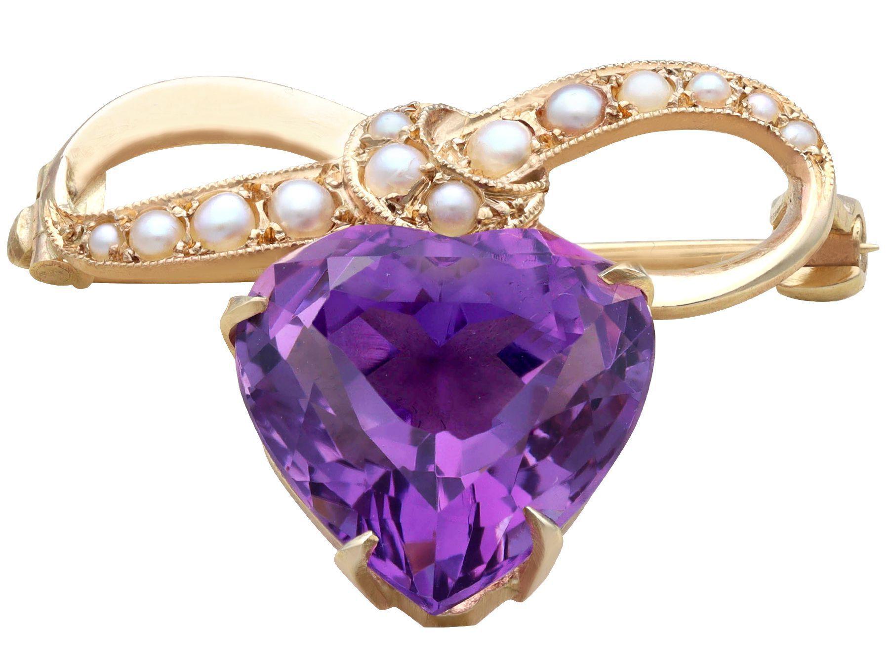 Heart Cut Antique 8.50 Carat Amethyst and Pearl 9 Carat Yellow Gold Lapel Brooch For Sale