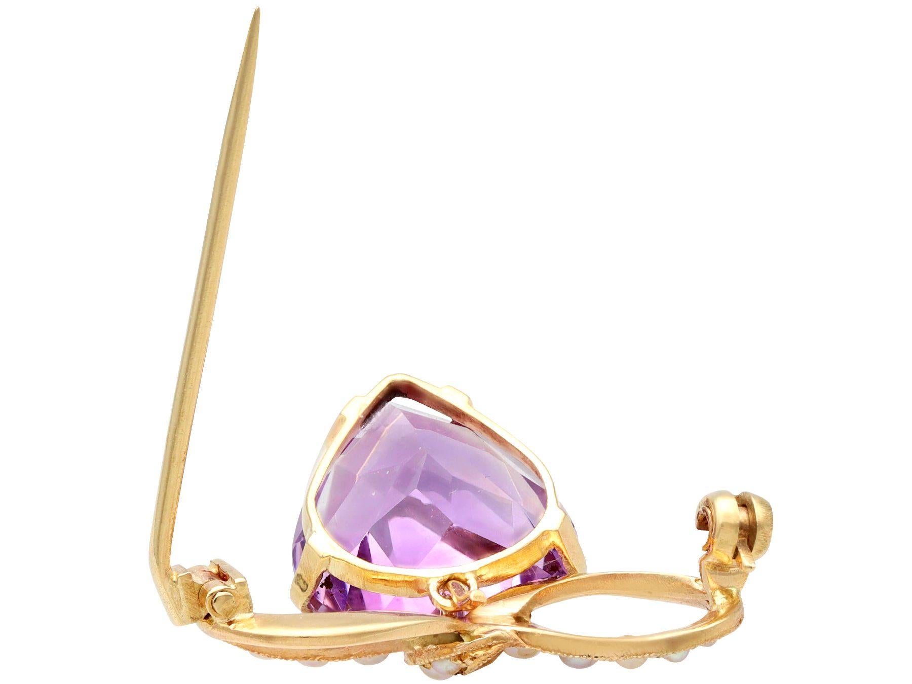 Women's or Men's Antique 8.50 Carat Amethyst and Pearl 9 Carat Yellow Gold Lapel Brooch For Sale