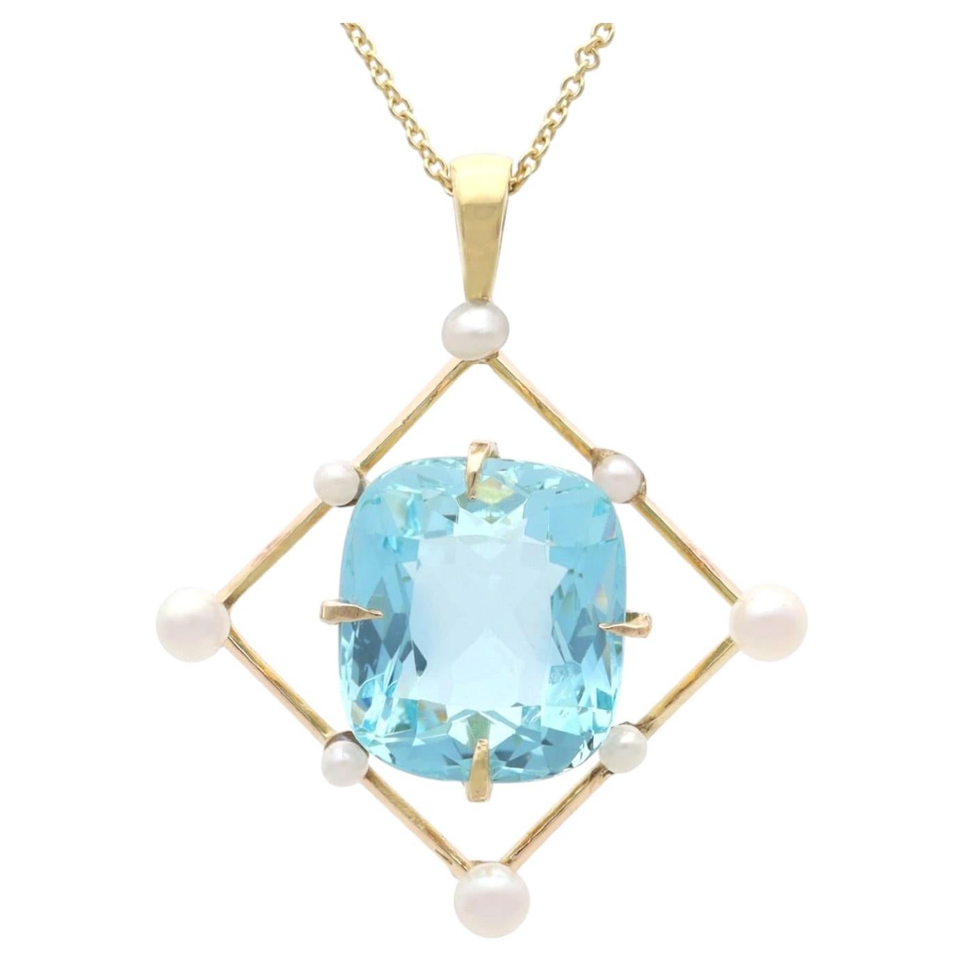 Antique 8.50 Carat Aquamarine and Pearl 12k Yellow Gold Pendant Circa 1930 For Sale