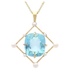 Antique 8.50 Carat Aquamarine and Pearl 12k Yellow Gold Pendant Circa 1930