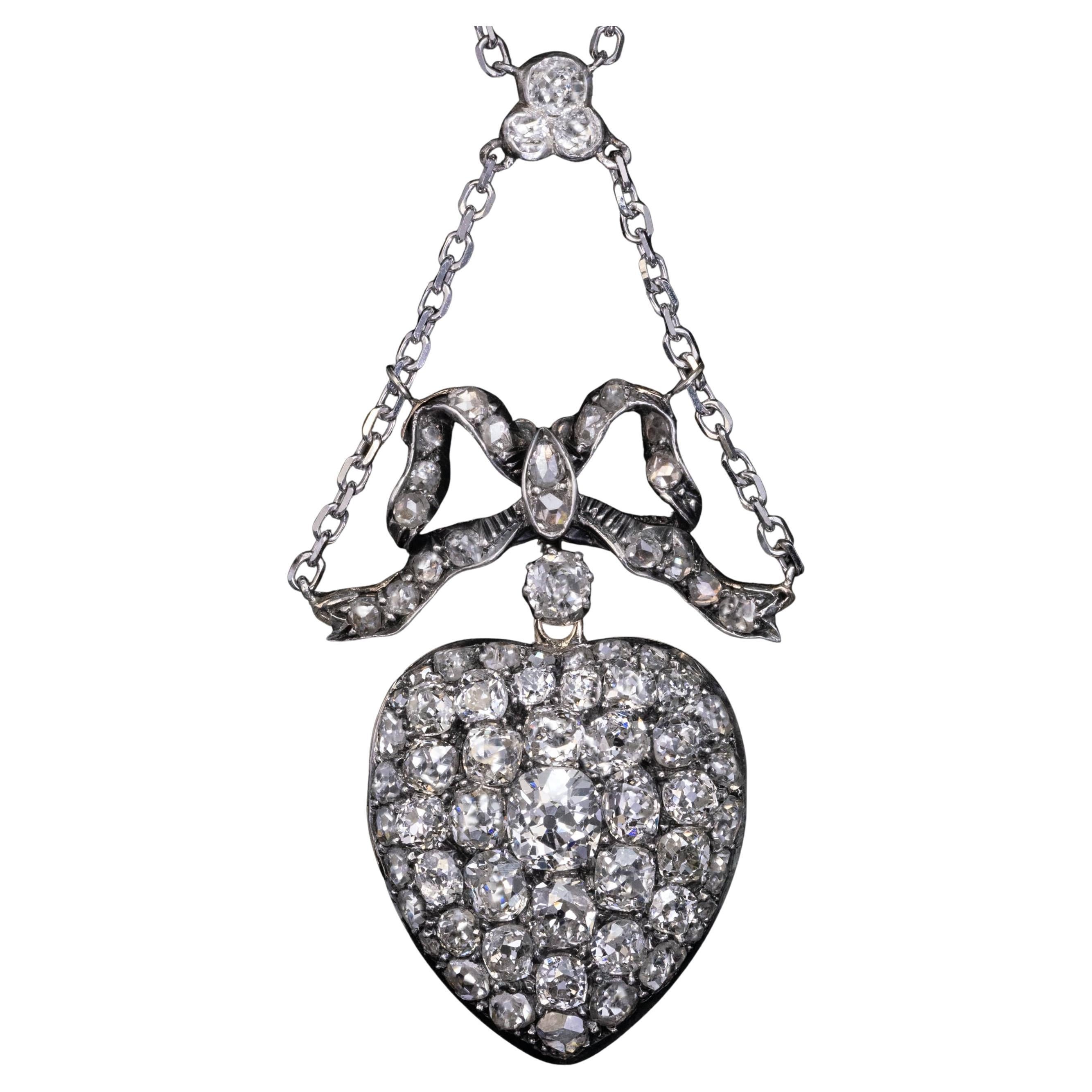 Antique 8.60 Ct Old Cut Diamond Heart Necklace For Sale