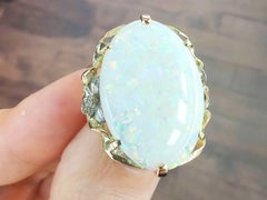 8.61 Carat White Opal and 0.04 Carat Diamond 15K Yellow Gold Cocktail Ring
