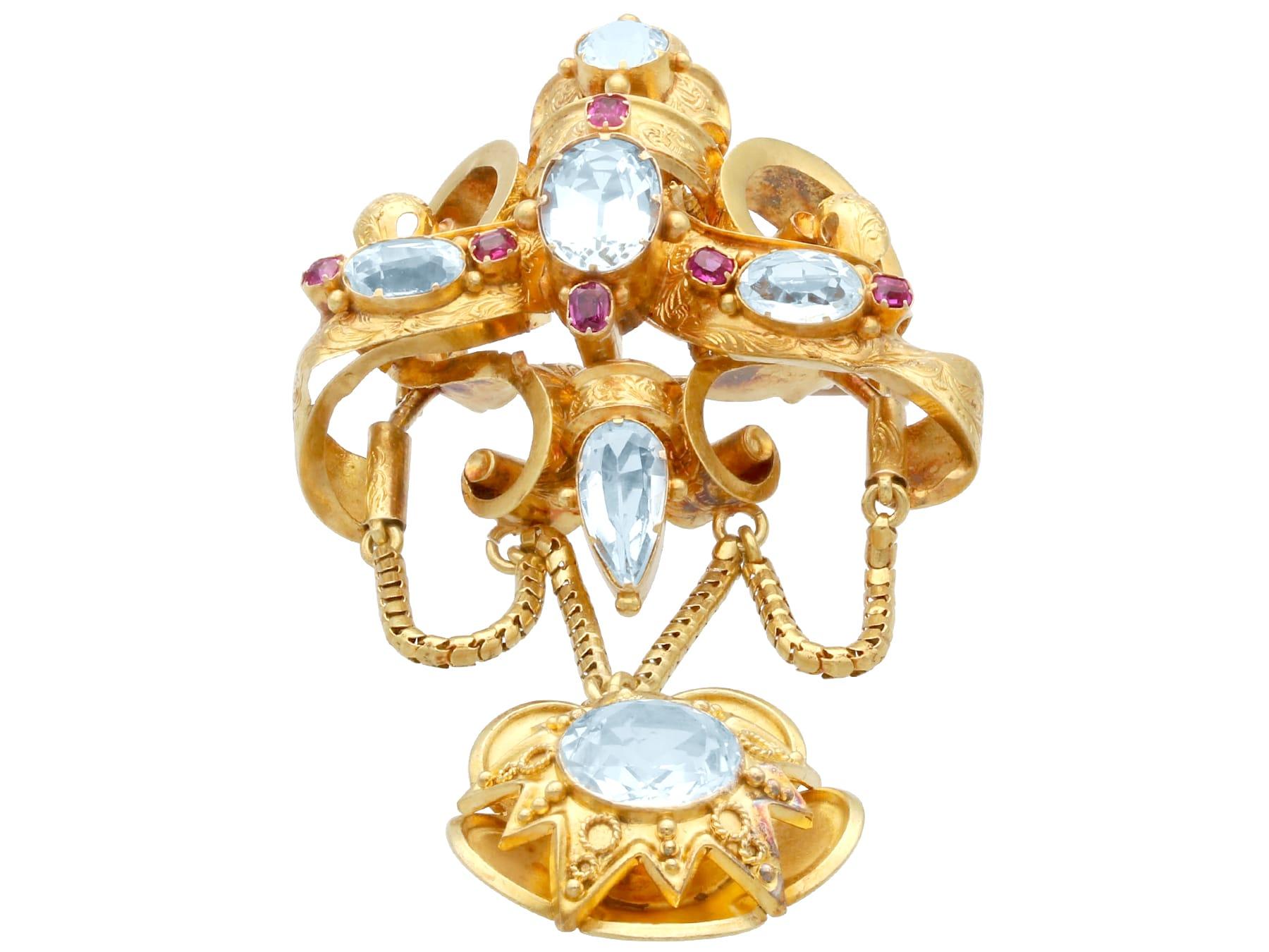 Mixed Cut Antique 8.65Ct Aquamarine and 0.20Ct Ruby 21k Yellow Gold Brooch For Sale